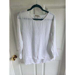 Terzo Millennio S Blouse Tunic Top 100% White Linen Roll Tab Sleeve Lace Back